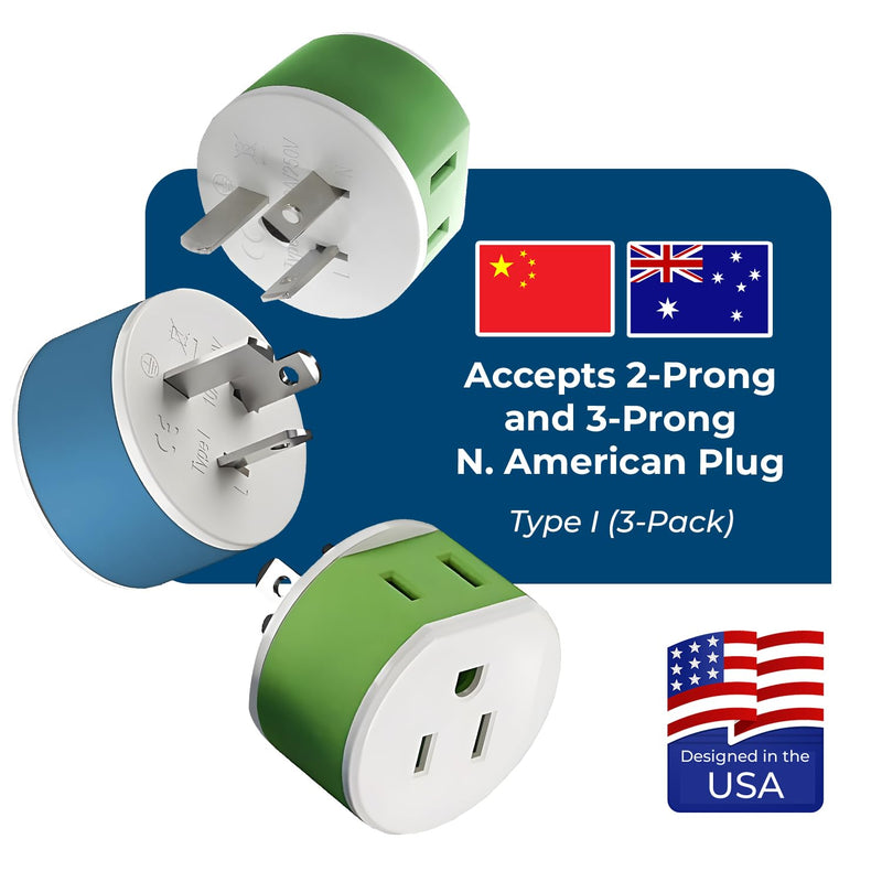 OREI Australia, New Zealand, China Power Plug Adapter with 2 USA Inputs - Travel 3 Pack - Type I (US-16) Safe Grounded Use with Cell Phones, Laptop, Camera Chargers, CPAP, and More Type I Australia,New zealand