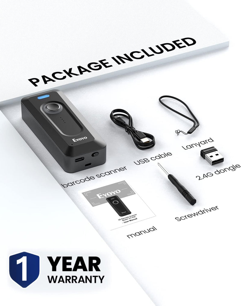Eyoyo 2D Bluetooth Barcode Scanner Wireless with Clip, 2000mAh Battery with Level Indicator, Portable Mini QR Bar Code Reader for Library Book Inventory Compatible with iPhone, iPad, Android Phone Black