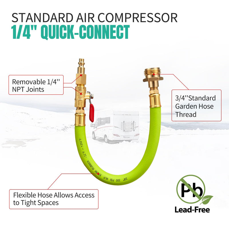 Lead -Free Brass 16.9" Winterize Sprinkler System RV Motorhome Boat Camper and Travel Trailer: Air Comp Quick-Connect Plug To 3/4" Garden Hose Faucet Blow Out Adapter Fitting with Valve