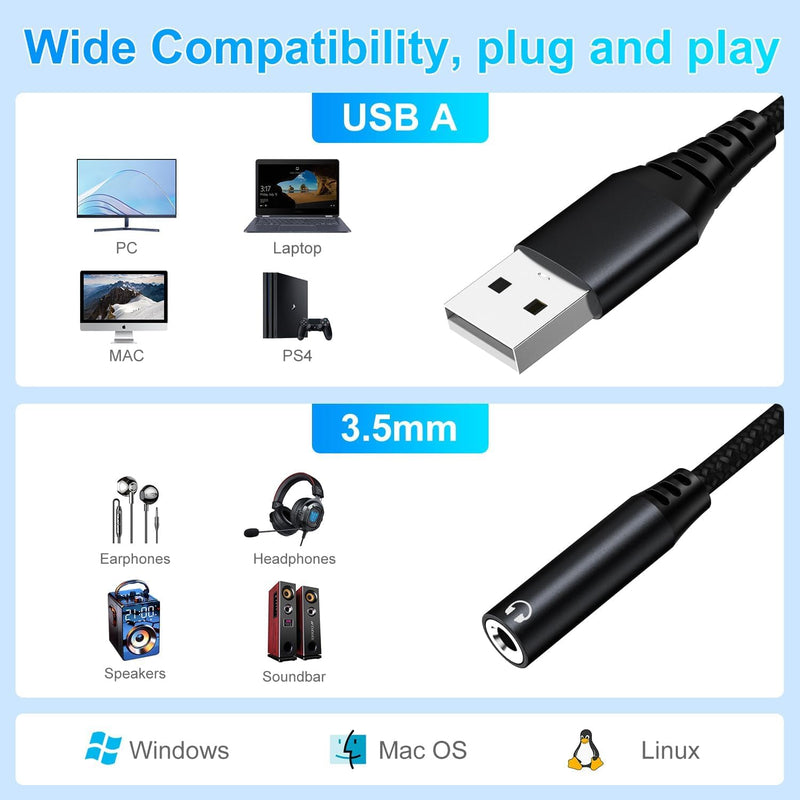 Mizi (2Pack) USB to 3.5mm Audio Jack Adapter, External Sound Card Converter Compatible with Headset, PC, Laptop, Mac, Desktops, Linux, PS4 and More Devices - Black