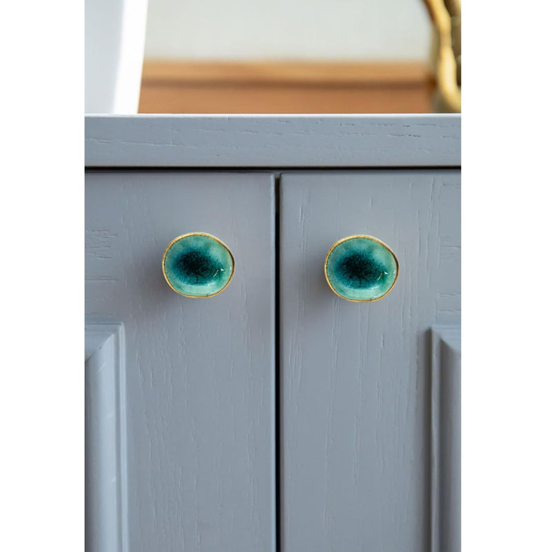Perilla Home Set of 6 Ceramic Door Knobs - Decorative Round Door Knobs Handle with Screw | Cupboard Drawer Dresser Bedroom Kitchen Cabinet Wardrobe Pulls (1.65" x 1.5" x 1.25") (Nantes Turquoise)