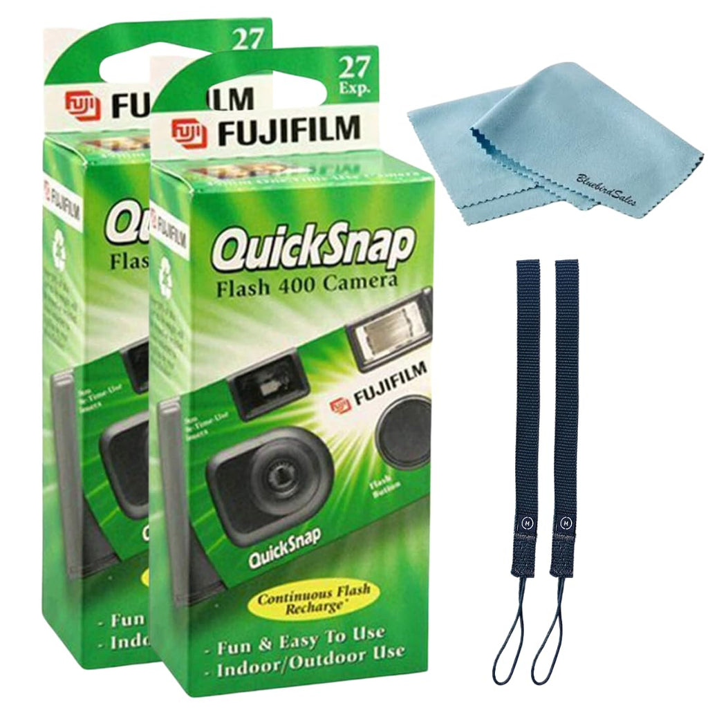 Fujifilm QuickSnap Flash 400 Disposable 35mm Camera • 2 Pack • 2 Hand Straps • BluebirdSales Microfiber Cleaning Cloth