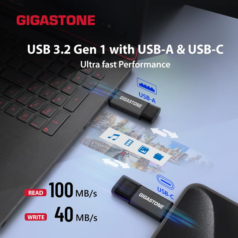 GIGASTONE 256GB Dual Drive, Z40 USB 3.2 Gen 1, 2-in-1 Type-A & Type-C, 100MB/s Ultra Fast, Head Cap Design, Plug & Play for Smartphone/PC/Mac/TV/Car Audio, USB 2.0/3.0/3.1 Compatible Dual A+C 1-Pack