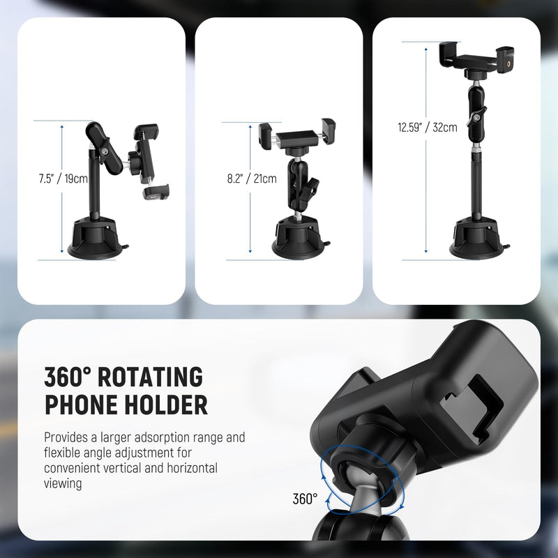 NEEWER Phone Holder for Your Car, 360° Rotating Vacuum Suction Cup Metal Cell Phone Mount Extended Magic Arm Compatible with iPhone Samsung for Windshield Skylight Navigation Video Recording, PA137