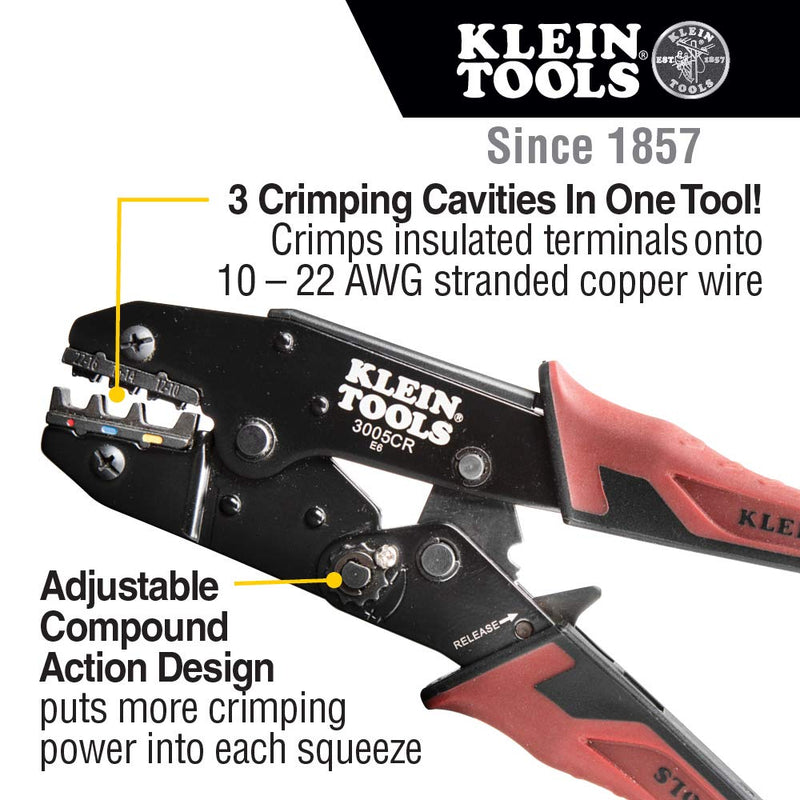 Klein Tools 3005CR Wire Crimper Tool, Ratcheting Insulated Terminal Crimper for 10 to 22 AWG Wire One Size Insulated Terminals
