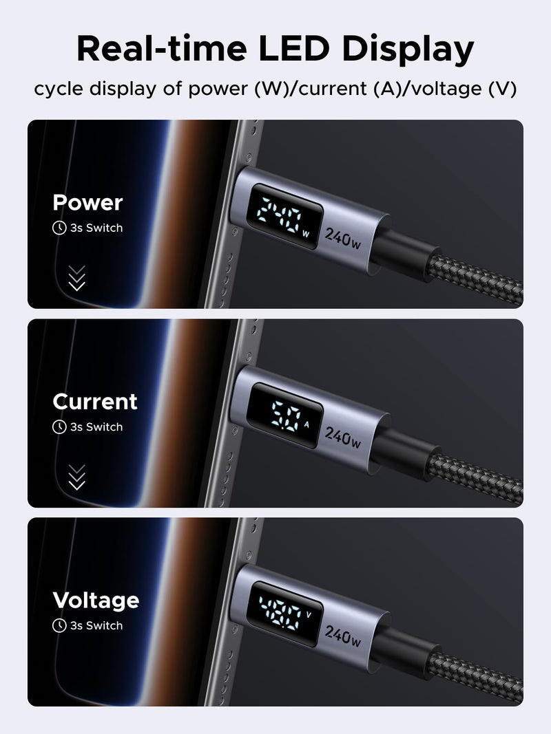 UGREEN USB-C to USB-C 240W Fast Charging Cable with Digital Display for Real-Time Power Monitoring, PD 100W Braided Data Cable for MacBook Pro/Air, iPad Pro, Dell XPS, and Gaming Laptops, 6.6FT