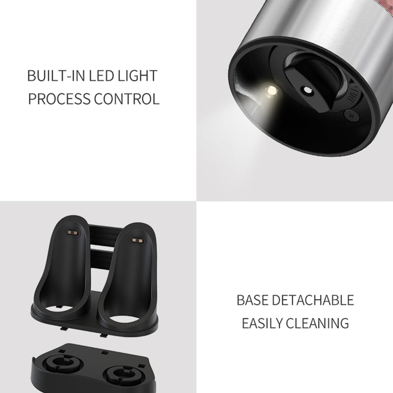 RECHARGEABLE - Electric Pepper and Salt Grinder Set, Adjustable Coarseness, With LED Light, One Hand Automatic Operation (C/Silver) C/Silver