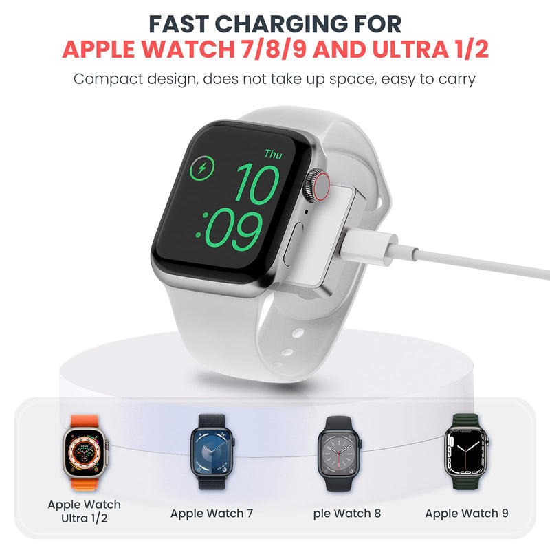 Apple Watch Charger, Portable iWatch Fast Charger, Magnetic Wireless Travel Charging Dock with Keychain for Apple Watch 9 8 7 6 5 SE 4 3 Ultra 1 2, Connect to USB C or iPhone Power Cable. Starlight