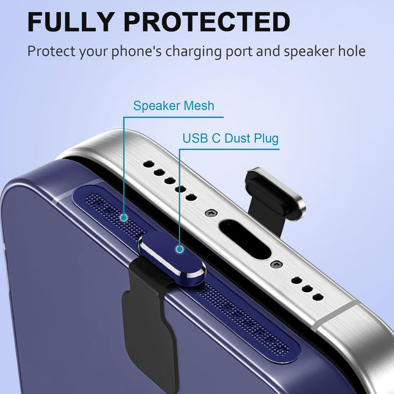 Anti-Lost USB C Port Dust Plug with Speaker Cover for iPhone 17 Pro Max | 6 PACK USB C Dust Plug and Speaker Dust Cover, USB C Charging Port Protector, Compatible with iPhone 17 Pro Max, Dark Blue for 17 Pro Max