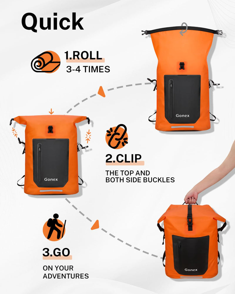 Gonex Waterproof Ultralight TPU Backpack 55L Roll Top Dry Bag, Kayaking | Back Padding, Camping, Fishing, Travel, Adjustable Straps, External & Internal Storage Pockets, Orange