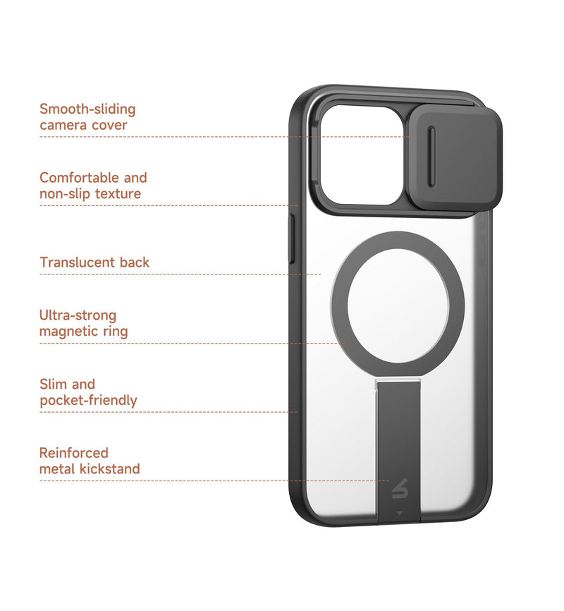 SURITCH for iPhone 14 Pro Max Case, Compatible with MagSafe, Built-in Kickstand & Camera Cover & Translucent Back, Shockproof Rugged Protective Phone Cover 6.7 Inch, Black
