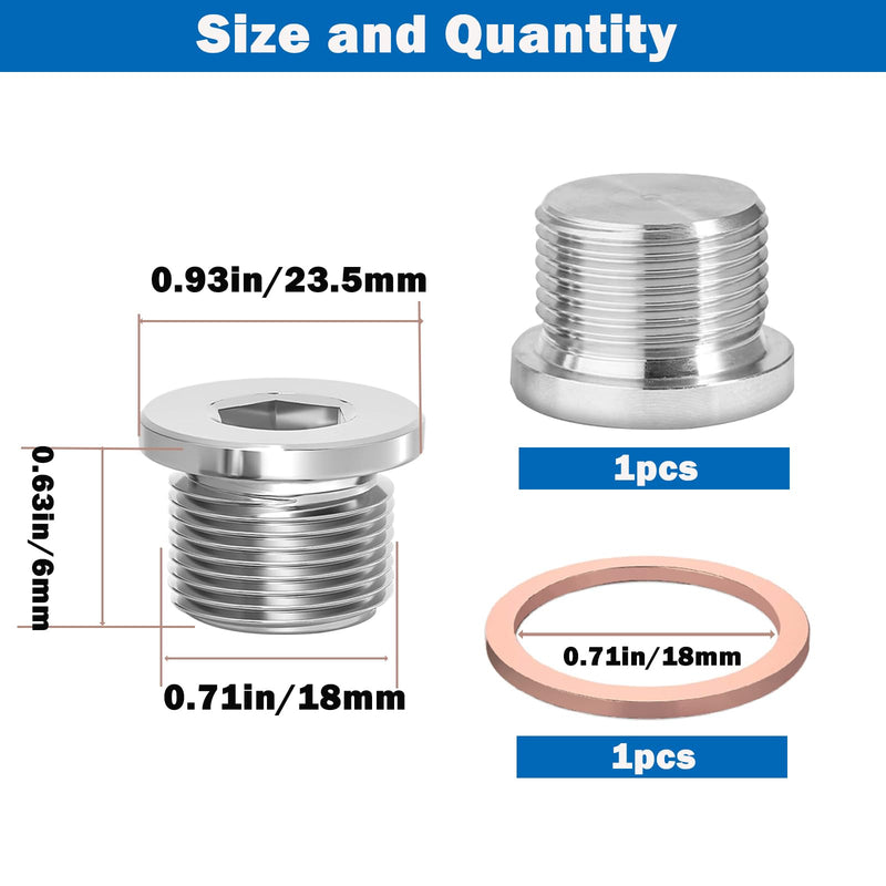 M18 x 1.5 Sensor Plug Standard with Inner Hex Head,304 Stainless Steel Universal Fit with Red Copper O-Ring for Motorbike,Trucks and Motorcycles 1PCS Plug