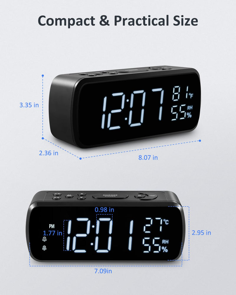 Digital Alarm Clock with FM Radio for Bedroom | 2 Alarms with Large LED Display,Snooze,USB Charger,Preset, Dimmer,Sleep Timer,Temperature,Relative Humidit,Adjustable Volume