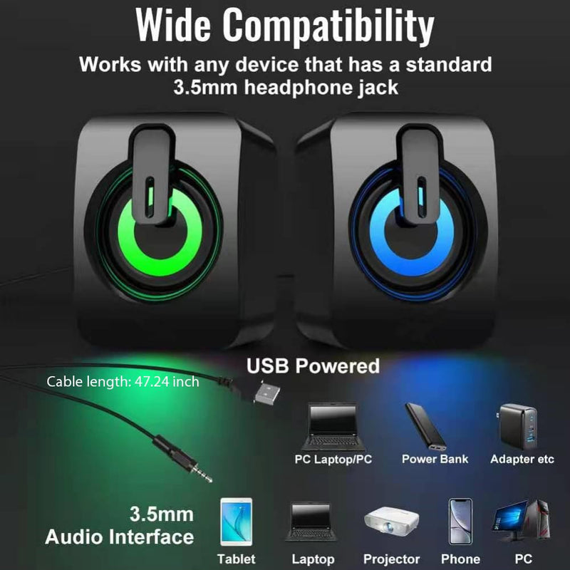 Wired RGB LED Mini Desktop Computer Speakers Pair, USB Powered Stereo with Dynamic Lighting, Compact Plug and Play for PC Laptop Gaming