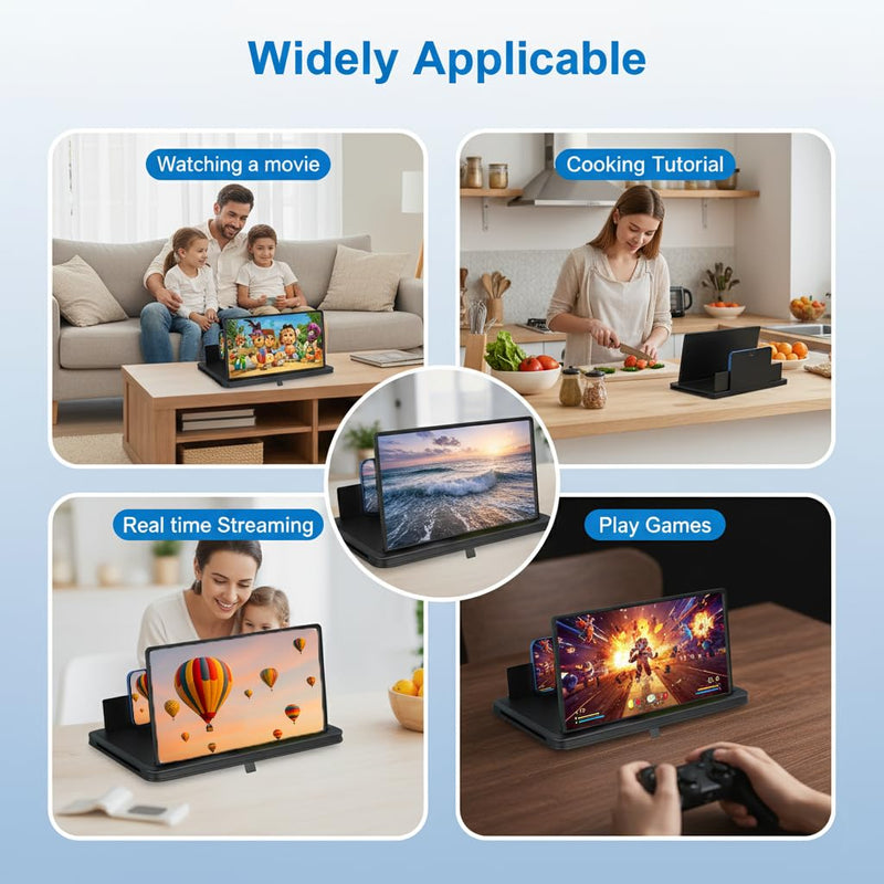 Screen Magnifier for Cell Phone with Adjustable Stand, Foldable Phone Screen Magnifier for Movies & Videos, Hands-Free Viewing, Compatible with All Smartphones (Black, 14'') Black 14''