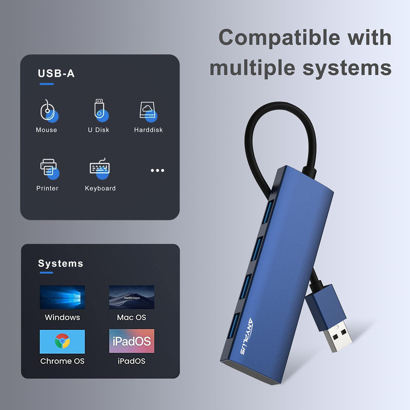 USB Hub, USB 3.0 Hub Aluminum Alloy Ultra Slim USB Splitter, Portable 4 Port USB Extender, USB Hub for Laptop, PC, MacBook, iMac, Surface Pro, Mac Pro, Flash Drive, XPS 【Blue】 0.8 Ft/0.25M Blue-Aluminum Alloy