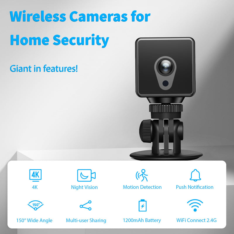 Mini Camera 2026 4K HD WiFi Portable Nanny Cam with Motion Detection,Cloud & SD Storage,Night Vision,Wide Angle,Can No Need WiFi Cams Micro Wireless Small Security Cameras for Home Baby Indoor Outdoor Black