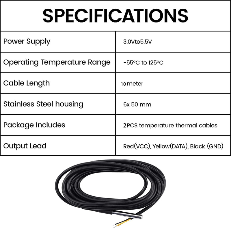 Diymore 2pcs 10M DS18B20 Temperature Sensor Temperature Probe Stainless Steel Package Cable Waterproof Digital Thermostat Sensor Compatible with Arduino,Raspberry Pi and Shelly