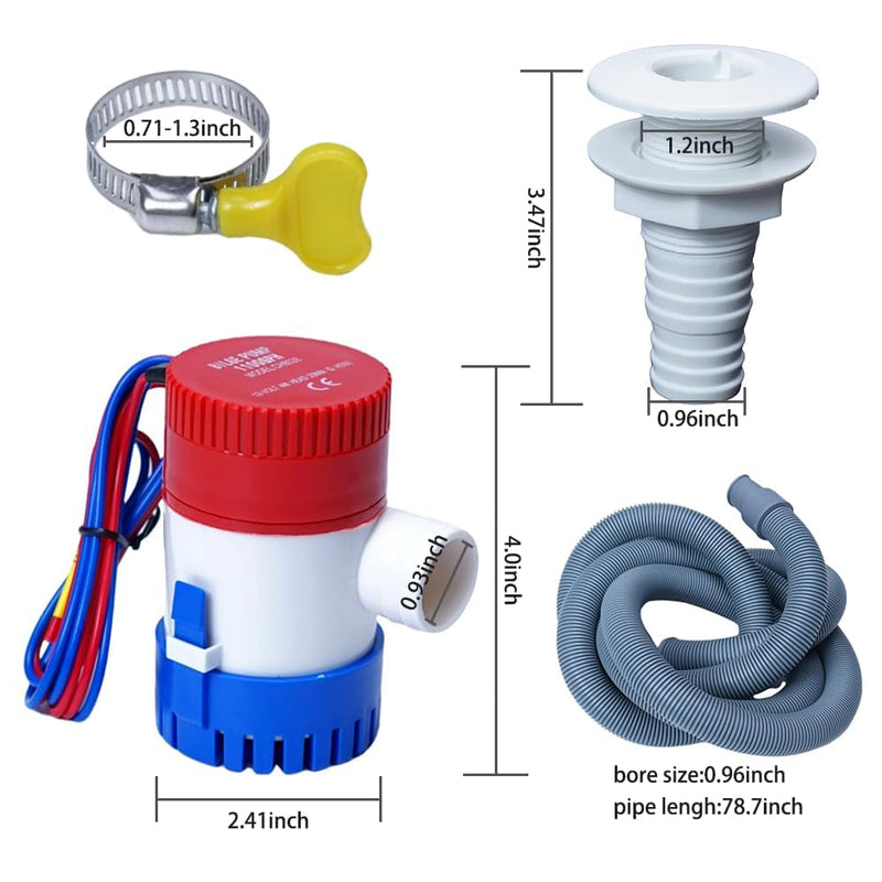 12v 1100gph Boat Bilge Water Pump, 1-1/8 Inch Bilge Pump Plumbing Kit, 6.5FT Bilge Pump Hose, 2 Stainless Steel Clamps and Thru-Hull Fitting