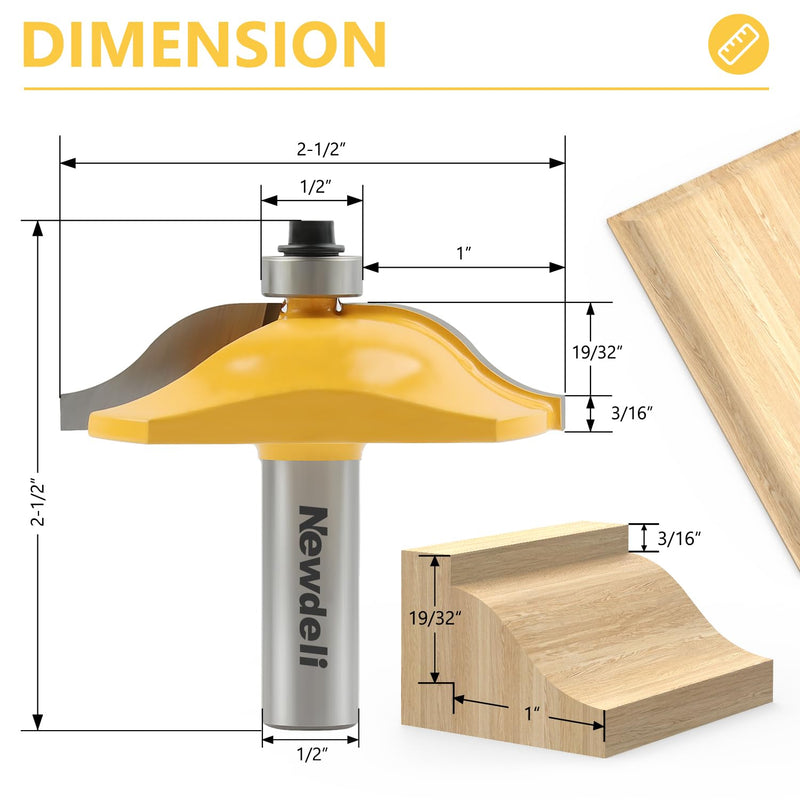 Newdeli 3Pcs Raised Panel Router Bits 1/2" Shank Cabinet Door Router Bit Set (Tenon Cutter Diameter: 1-5/8") Ogee Rail and Stile Router Bits Tongue and Groove Router Bit Set Woodworking Tools Raised Panel Cabinet Door Router Bits 1/2" Shank
