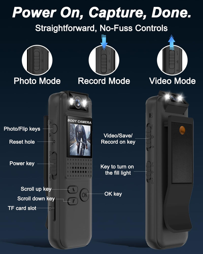 Body Camera, Mini Sports Camera with 64GB TF Card, 1080P HD Body Cam, 180° Rotatable Lens, Small Action Video Camcorder with Magnetic Back Clip & Bike Mount, POV Cam for Bike, Outdoor Use