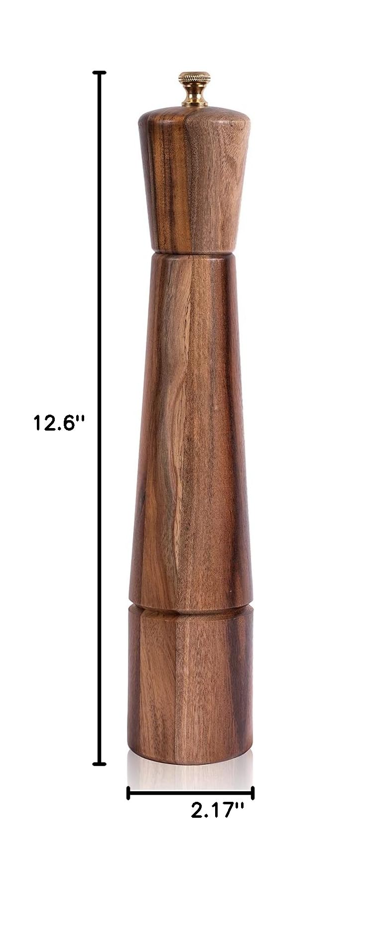Pepper Grinder, Pepper Mill with Adjustable Stainless Steel, Acacia Wood, 32 cm / 12 inch Height, Bottom Dia: 6 cm, Upper Dia: 5.5 cm (Tray is NOT Included)