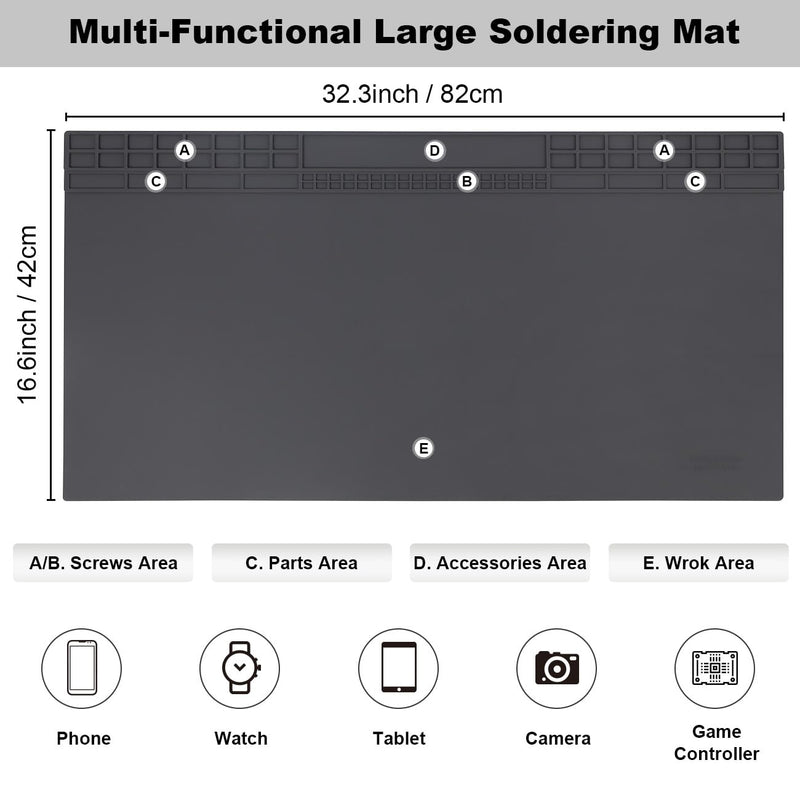 32.3" x 16.6" Premium Extra Large Silicone Soldering Mat, 932°F Heat Resistant Oversized Work Mat, Non-Slip Repair Bench Pad for BGA Welding, Electronics, Computer, Cellphone, Watch (Gray) Gray