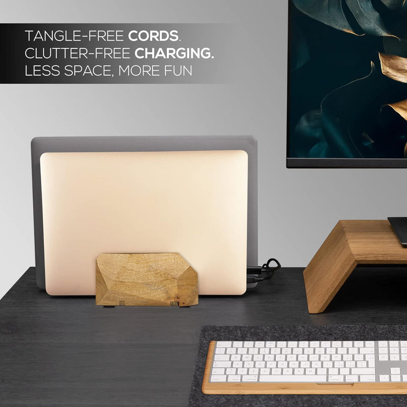 Width Adjustable Vertical Laptop Stand for Desk, Laptop Holder to Dock MacBook, MacBook Pro and Other Laptops, Versatile Vertical Laptop Docking Solutions - Mango Wood Mangowood