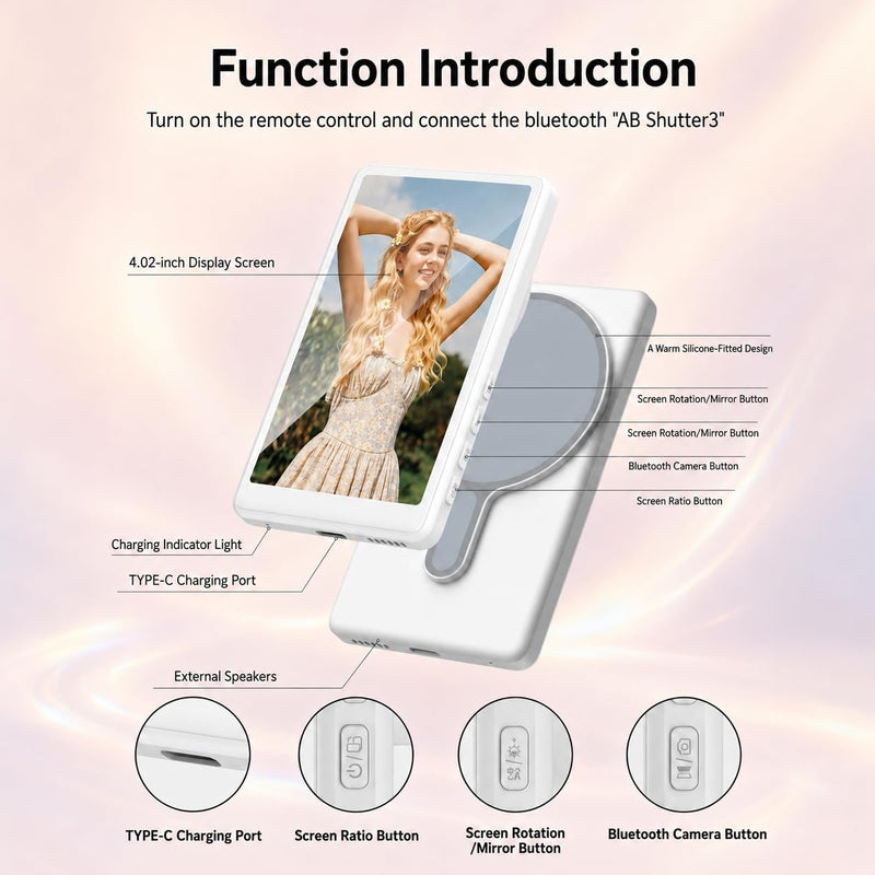 4'' Touchscreen Magnetic Vlog Selfie Monitor for iPhone & Android, 4K Wireless Mirroring Back Camera Screen with Bluetooth Remote Control, Portable Phone Display for YouTube, TikTok, Live Streaming