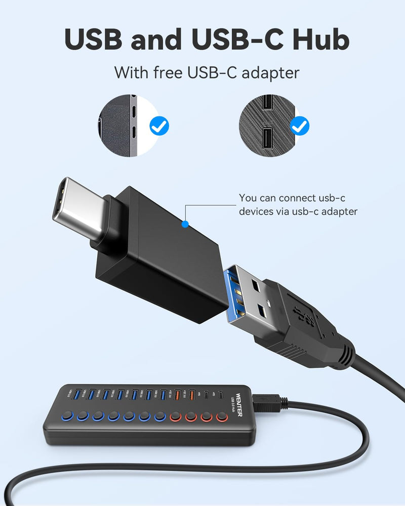 Powered USB 3.0 Hub, Wenter 48W 11-Port USB Hub Splitter (7 Faster Data Transfer Ports+ 4Pcs QC Charging Ports) with Individual LED On/Off Switches, USB Hub 3.0 Powered with Power Adapter 7+2+2