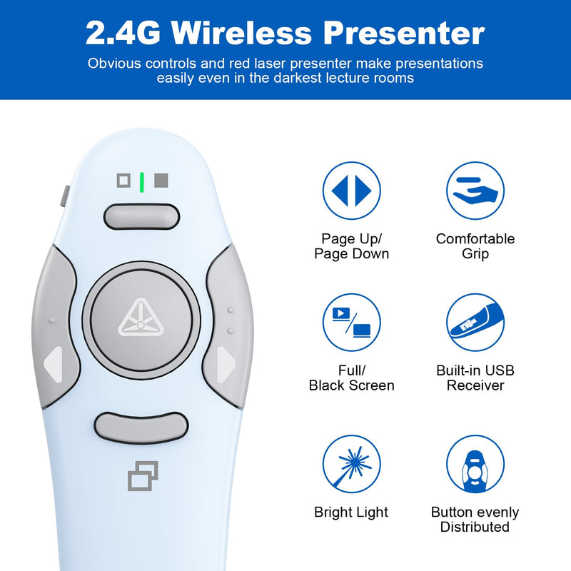 QUI 2 Pack Wireless Presenter PowerPoint Clicker, RF 2.4GHz USB Presentation Clicker for Google Slides, Keynote, Mac, Windows (USB, Blue)