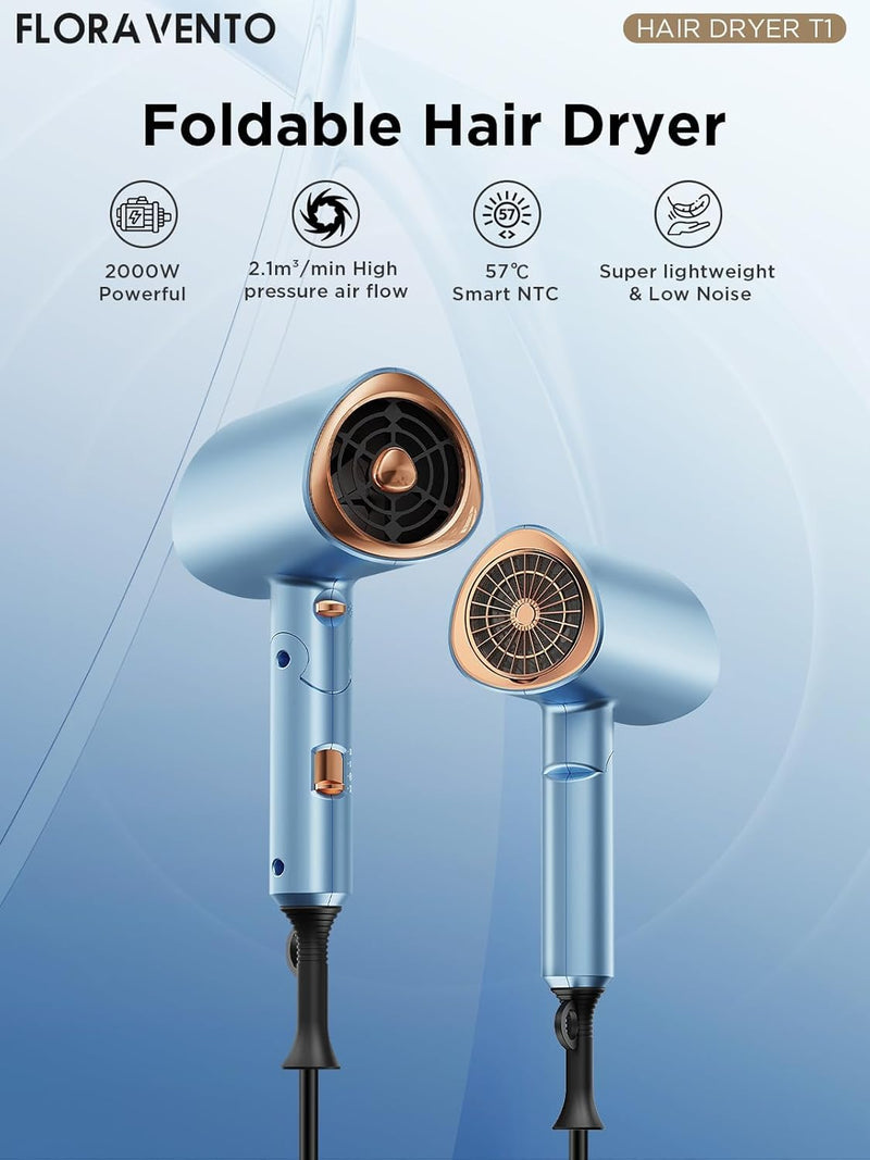 Ionic Hair Dryer 2000W, Professional Hairdryer with Cold Air Mode, Anti-Frizz, 2 Speed 3 Heat Settings, Diffuser & Concentrator, Styling Combs, Portable Travel Hair Dryer for Women & Men, Blue