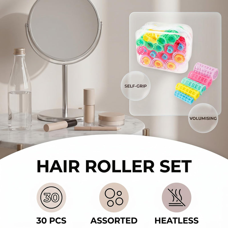 30PCS Plastic Hair Curlers, Self-Grip Roller Set, 5 Assorted Sizes for Volume, No Heat Damage Styling, Wet Hair Application, Home Beauty Tools