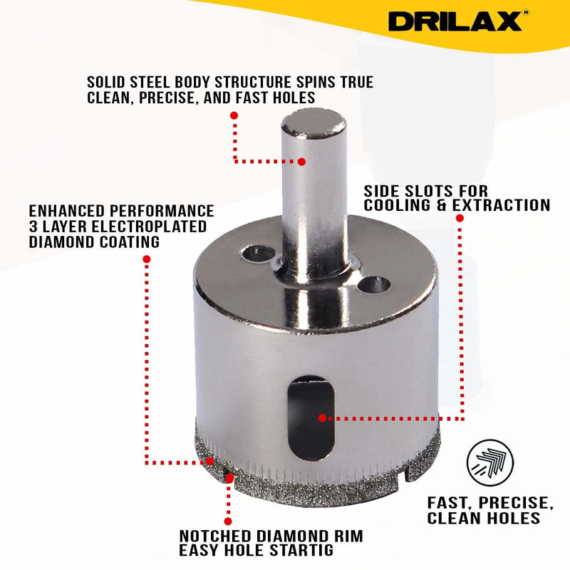 Drilax Diamond Drill Bit Set | 8-Piece Hole Saw Kit (3/8" to 1-3/4") for Ceramic, Porcelain, Glass, Granite & Tile | Standard 3/8" Shank, 1-1/8" Depth | Versatile Wet Drilling Tool