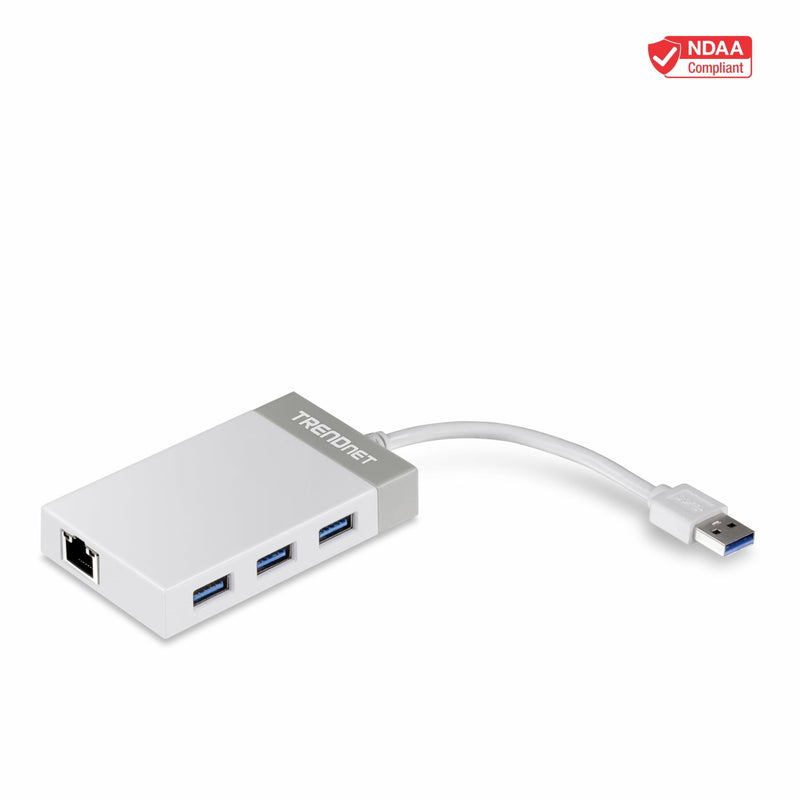 TRENDnet 3-Port USB 3.0 Hub, TU3-ETGH3, Compact USB to Ethernet Adapter, 3 x USB 3.0 Ports, 1 x RJ-45 Gigabit Ethernet Port, Supports XP, Vista, Windows, Mac OS 10.6-10.9, Nintendo Switch, White 1 x Gigabit| 3 x USB