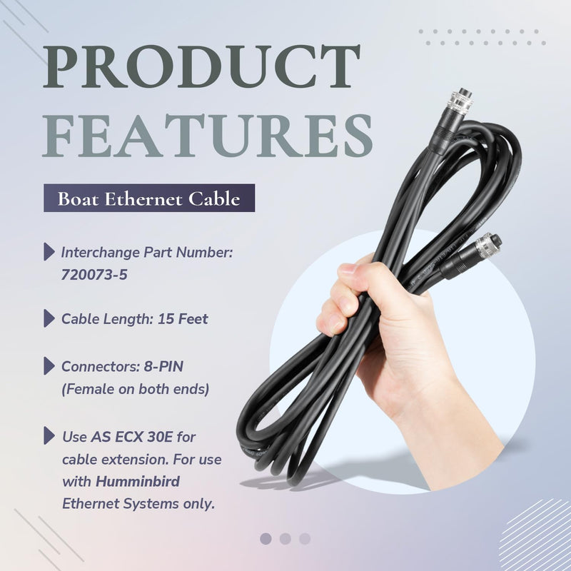 720073-5 Ethernet Cable AS EC 15E, 15-Foot Ethernet Cord, for Humminbird Helix 15 12 10 9 8 7, 1100 900 800 700 Series, for APEX, SOLIX, Onix AS EC 15E 15ft.