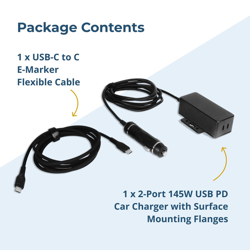Coolgear 145W Dual USB-C Car Charger - PD 3.1 EPR Type C Vehicle Charger with 140W Laptop Charging, Mountable Flanges and 12V to 24V Plug for Trucks, Fleet Vans and Mobile Workstations