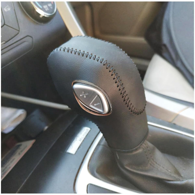 Black Leather Gear Shift Knob Cover for Ford Focus 2012 2013 2014 2015 2016/ Ford Fiesta 2014 2015 2016 / Ford Fusion S/Fusion SE 2013 2014 2015 2016 / Fusion Gear Shift Cover/Accessories for Ford Black leather + Black thread