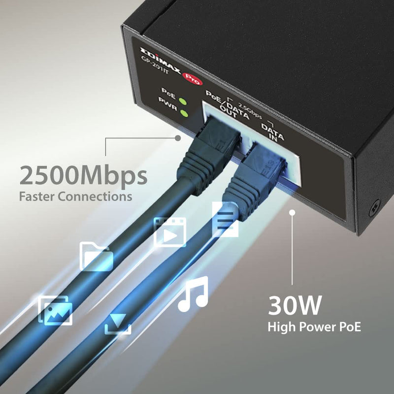 Edimax Pro Gigabit PoE+ 30W Injector Adapter, 2.5 Gbps, Adds Power to PoE Powered Device (PD) for up to 100 Meters (328ft), Powers IP Cameras, IP Phones, Digital Signage and More, GP-201IT