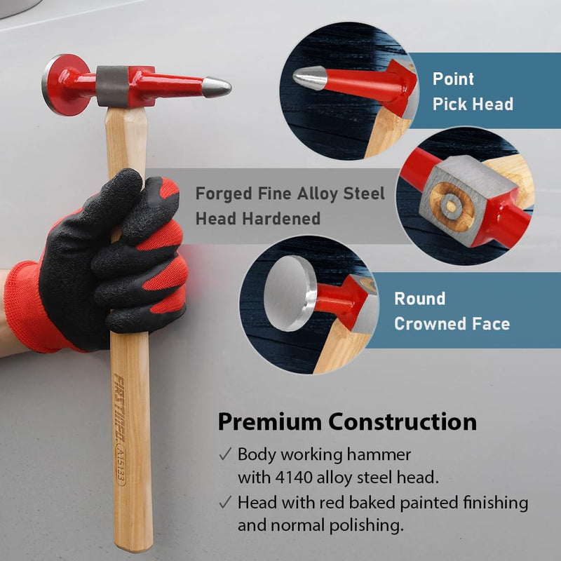 FIRSTINFO A15133 Straight Point Pick Finishing Auto Body Hammer Panel Beating with Hickory Handle, Weight 0.84 lbs.
