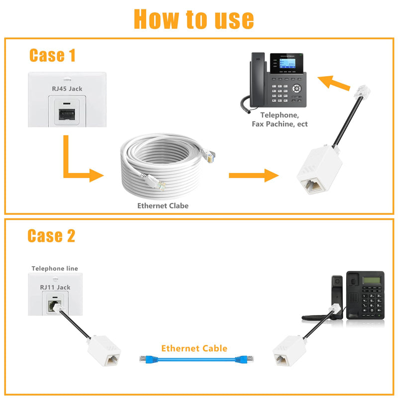 Uvital Phone Jack to Ethernet Adapter, RJ11 to RJ45 Adapter, RJ45 Female to RJ11 Male for Landline Telephone, with RJ45 to RJ11 Cable (RJ45 Coupler White + RJ45 to RJ11 Cable Black) White RJ45 Coupler + Black RJ45 to RJ11 Cable