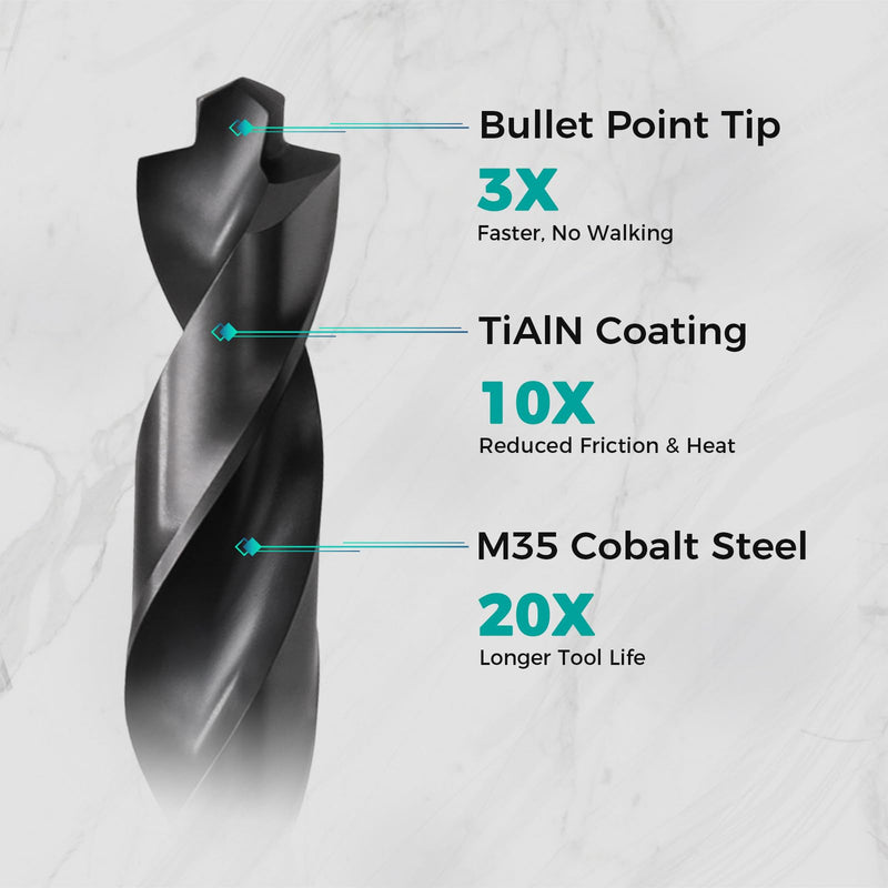 21Pcs M35 Cobalt Drill Bit Set (Pro), TiAlN with Bullet Point Tip | Metal Drill Bit Set with Index Storage Case, 3-Flats Shank for Hardened Metal, Stainless Steel, Plastic, Wood, 1/16"-1/2" ﻿ 21 Piece