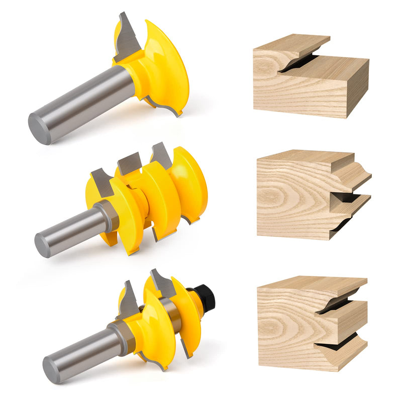 Router Bit Set 1/2-Inch Shank, 3Pcs/Set Extended Tenon Entry Door Rail and Stile Woodworking Milling Cutter Door Extended Tenon Router Bits