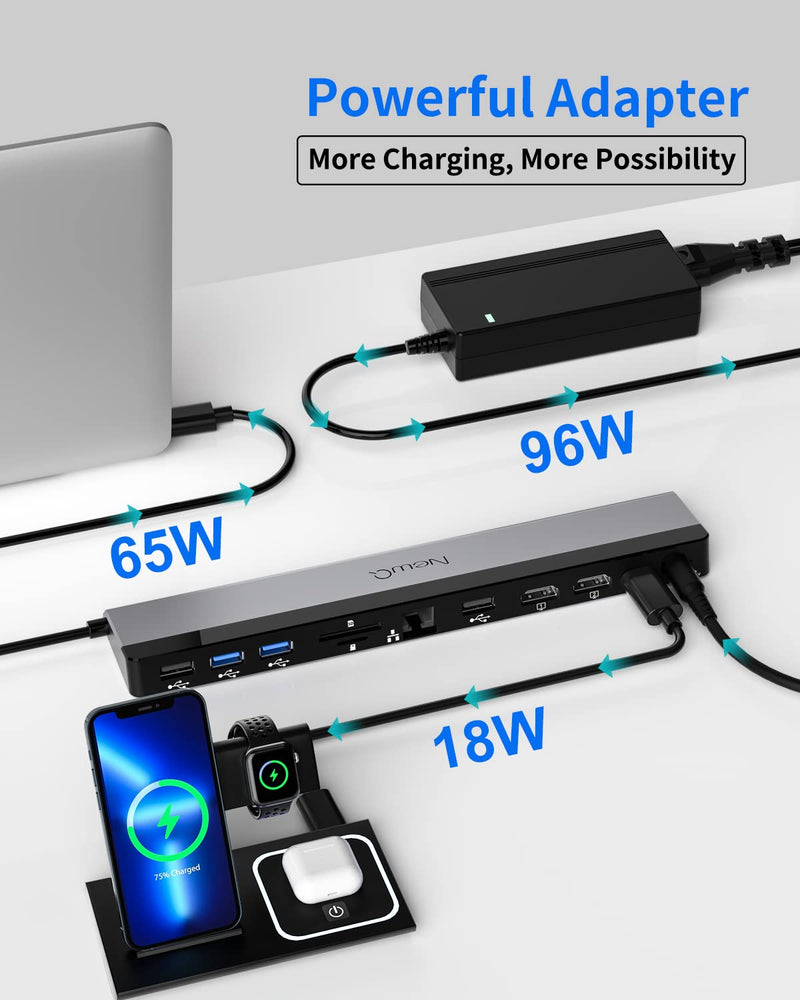 USB C Docking Station Dual Monitor with Power Adapter: NewQ 12-in-1 Thunderbolt 3 | 4 Dock, Dual 4K HDMI, 4 USB, Audio, Ethernet, SD/TF Slot, 18W PD Out, for Mac, HP, Dell, Lenovo, Surface, Asus, Acer 96W Power Adapter with 96W Power Adapter