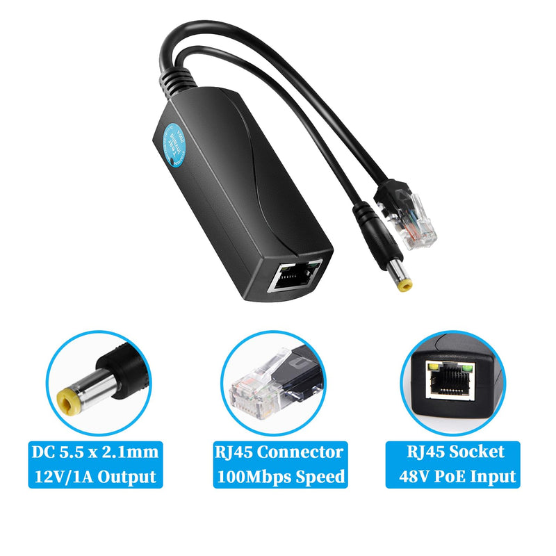 Active PoE Splitter 12V 1A Output with IEEE 802.3af Standard Compliant 10,100Mbps Power Over Ethernet Splitter Adapter for Security IP Camera CCTV Surveillance Device 5.5x2.1mm (PS5712P Black) 12V 1A PS5712P