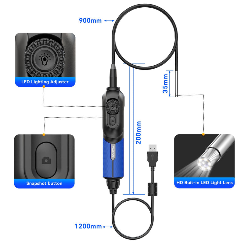 MUCAR E021 USB Endoscope Borescope, 720P Borescope with 6 Adjustable LED Light, Compatible with PC and MUCAR Scanners