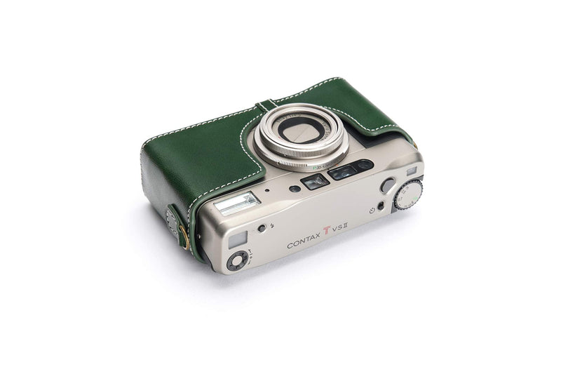 Contax TVS II Case, BolinUS Handmade Genuine Real Leather Half Camera Case Bag Cover for Contax TVS II Camera with Hand Strap (Green) Green