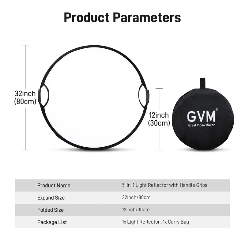 GVM 32"/80cm 5 in 1 Photography Reflector, Collapsible Round Light Reflector with Handle Grips, Portable Light Reflectors for Photography Studio Outdoor Portrait-Translucent/Black/Gold/Silver/White