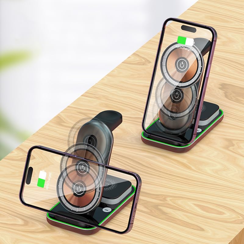 MagSafe-Compatible Wireless Charging Station: 3 in 1 Charger Stand Compatible with Apple iPhone, Apple Watch and AirPods - Includes Built-in Night Light - Adjustable Phone Height (Gray) Gray