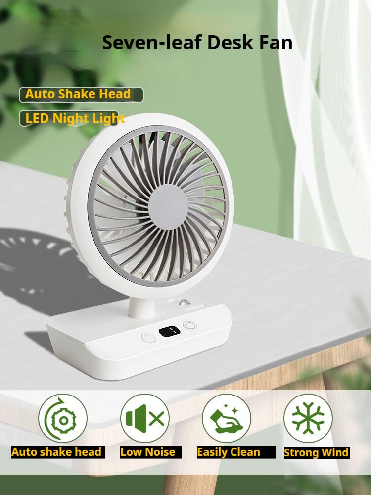 Desk Fan, 5.5" 4000mAh Rechargeable USB Portable Fan with Night Light, 90° Auto Oscillating Fan with Digital Display and Hanging Hook, 4 Speeds Strong Wind, 14Hours for Home Office Kitchen Camping